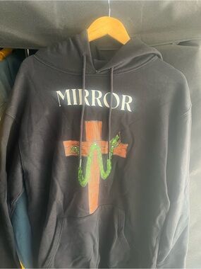 Off-White Black Hoodie with Orange Cross & Green Snake Graphic